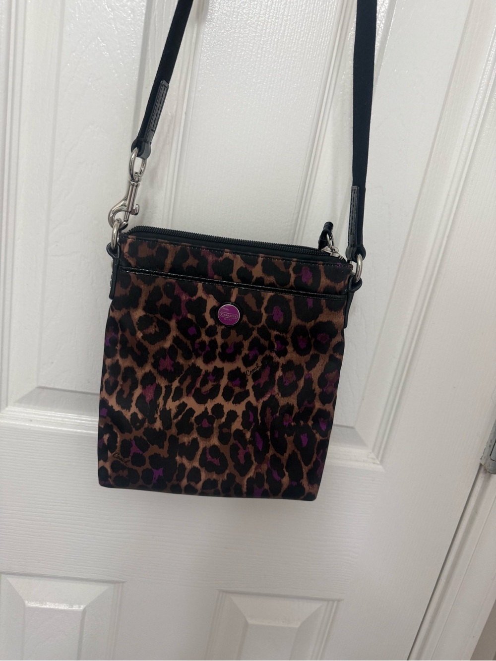 Coach Leopard Print Crossbody Bag - Brown with Purple Accents